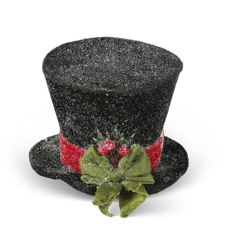 Black snow-glittered top hat with red band; 8-inch height.