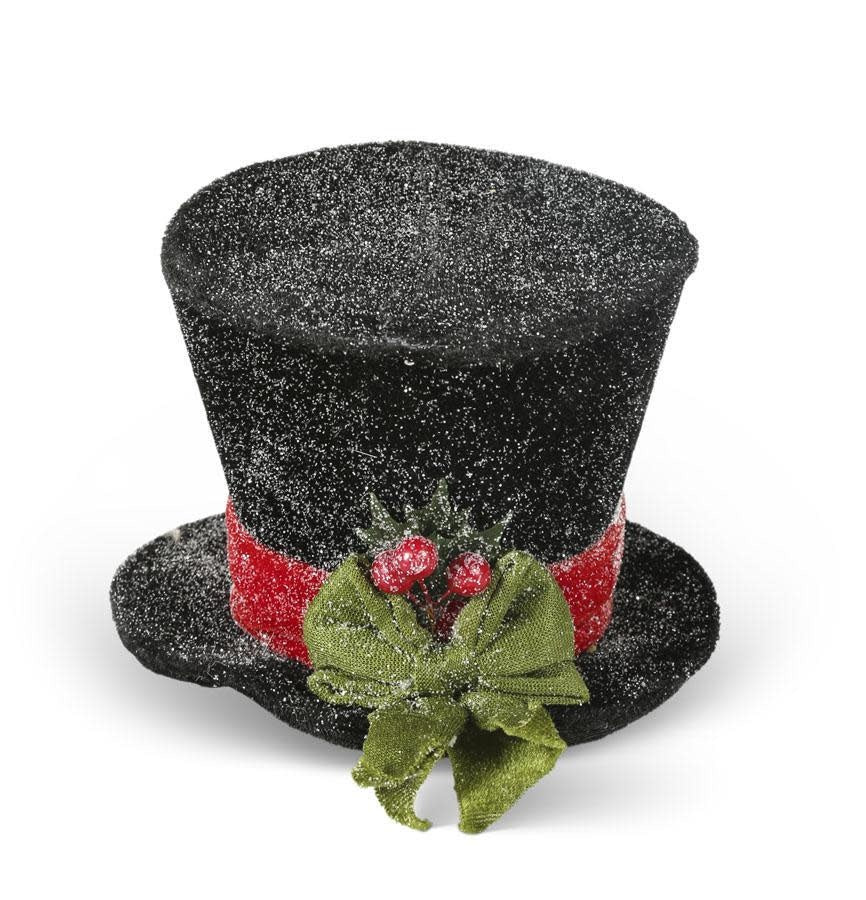 Black snow-glittered top hat with red band; 8-inch height.