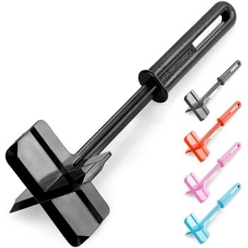 Heat resistant meat chopper with four stainless steel blades on a black handle.