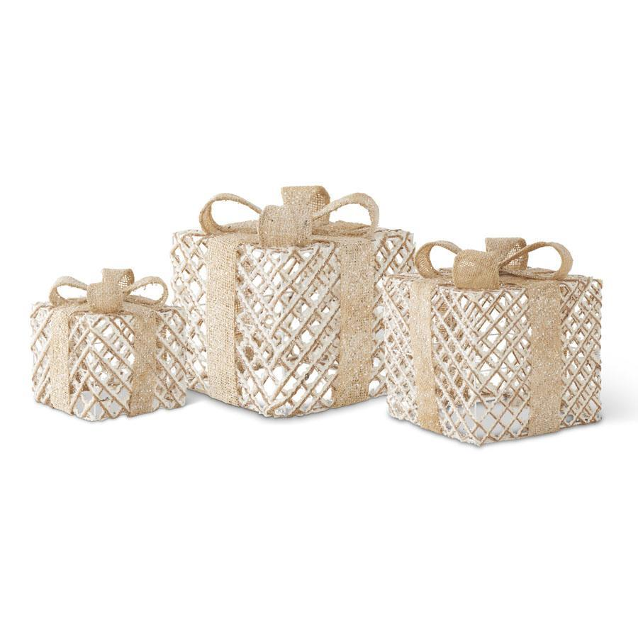 Snowy burlap twine box with a bow made from paper rattan and metal accents