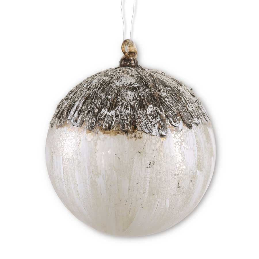Round glass ornament with birch bark texture in natural tones