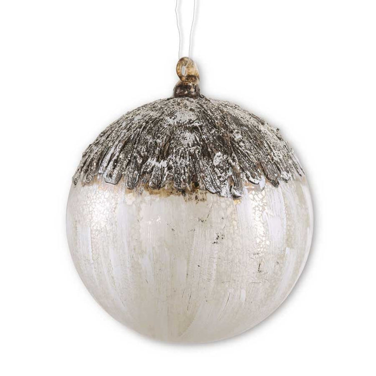 Round glass ornament with birch bark texture in natural tones