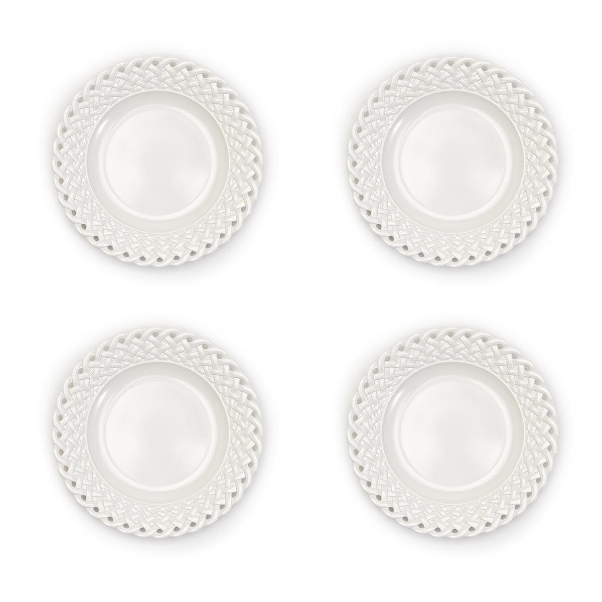 Single white lattice-patterned melamine salad plate with a simple round shape.