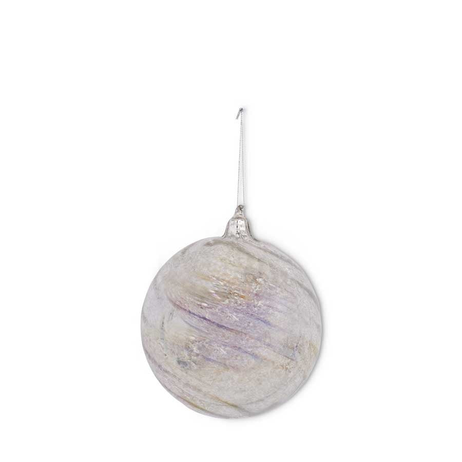 Round silver iridescent glass ornament with mercury swirl pattern