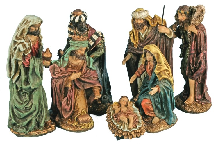 Seven-piece Nativity figurine set with figures ranging from 7 to 16 inches tall.