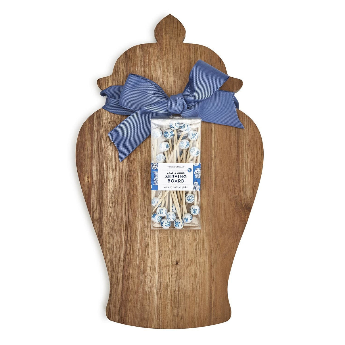 Acacia wood serving board shaped like a ginger jar with two handles, featuring twenty cocktail picks.