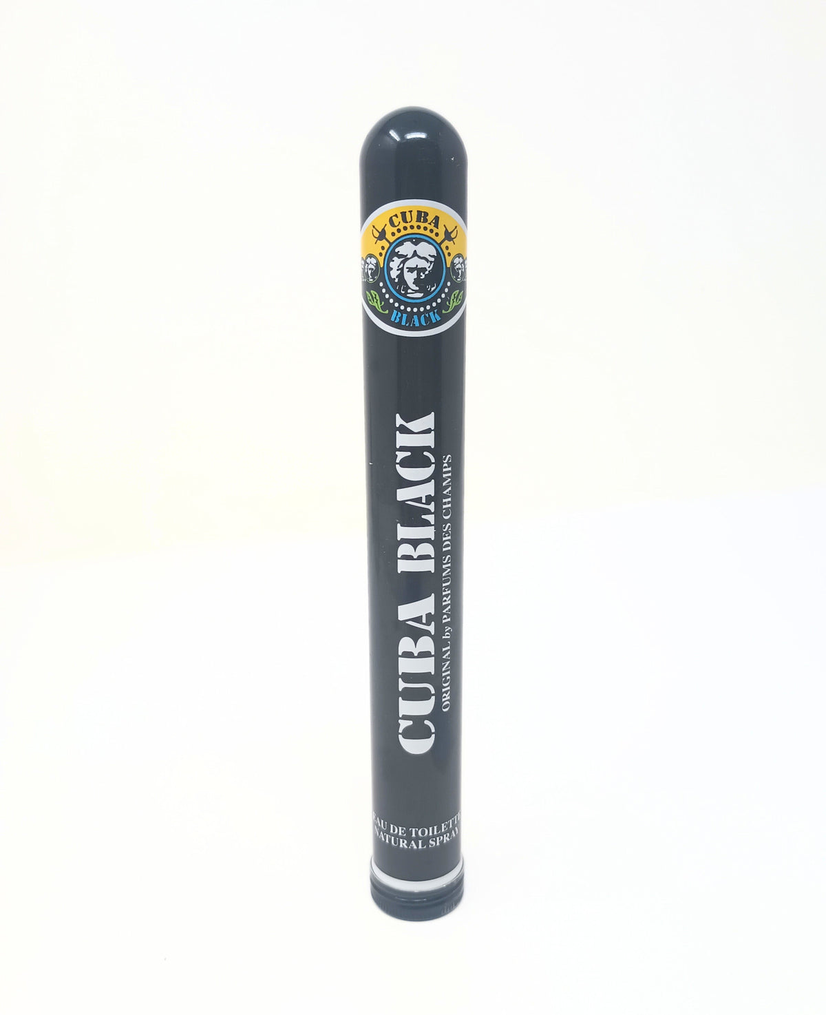 Cuba Black Eau de Toilette spray in a black, cigar-shaped cylindrical container.
