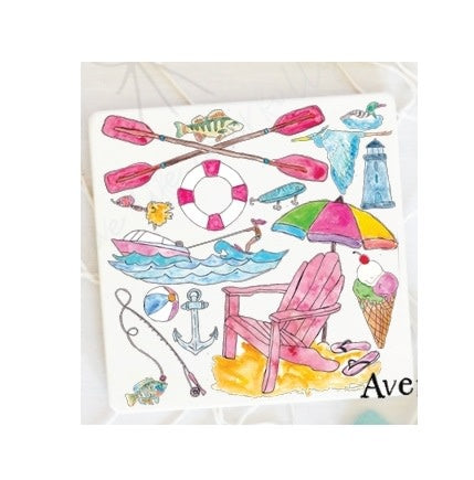 Square stone coaster with hand-painted artwork on a cork-backed surface.