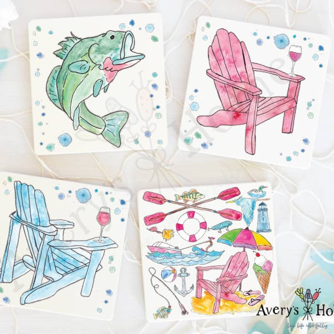 Square stone coaster with hand-painted artwork on a heat-resistant surface and cork backing.