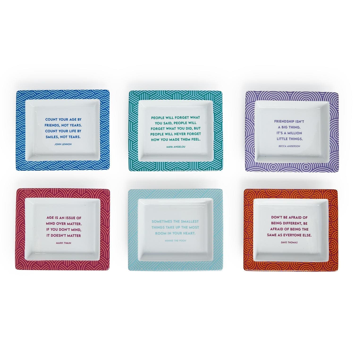 Porcelain desk tray with colorful wise sayings printed on a white surface.