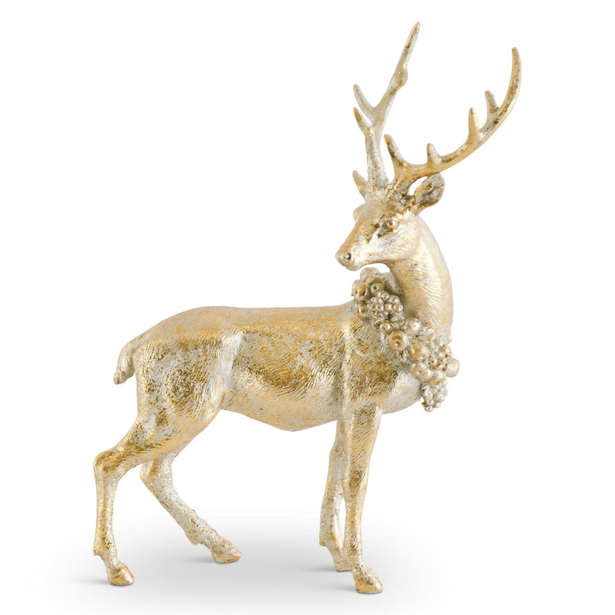 Antique gold polyresin deer ornament with detailed antlers standing upright.