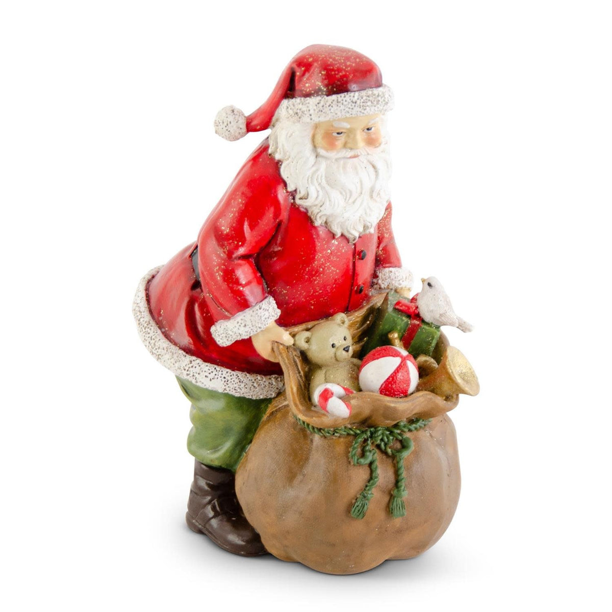 7-inch glittered polyresin Santa holding a sack of toys in traditional red and white attire