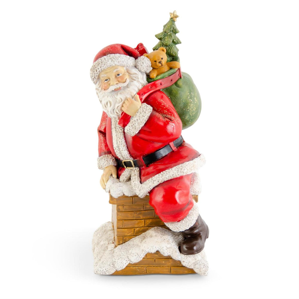 8.25-inch polyresin Santa figurine standing on a roof top holding a sack of toys
