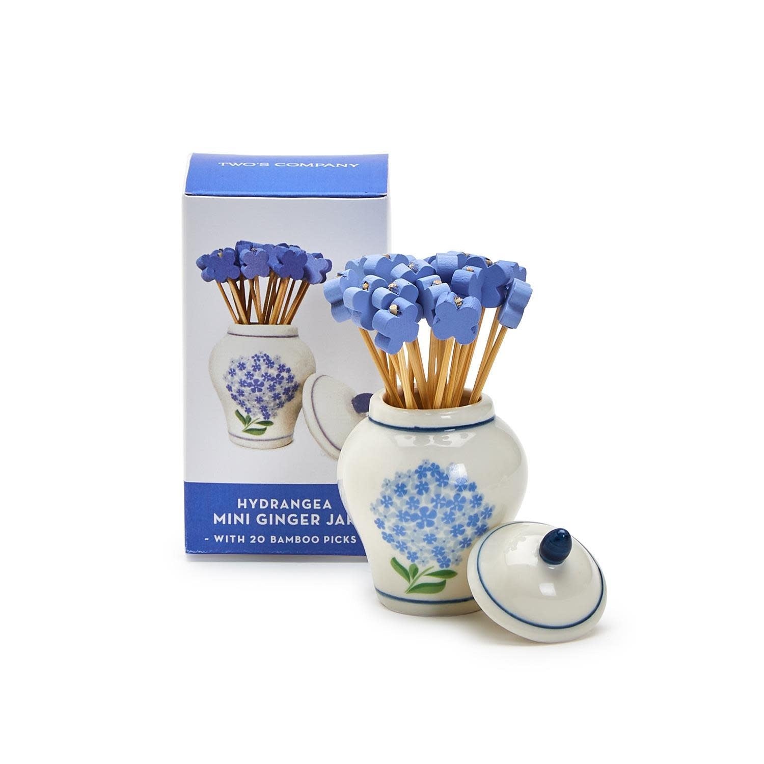 Ceramic ginger jar with hydrangea decal holding bamboo cocktail picks in a gift box