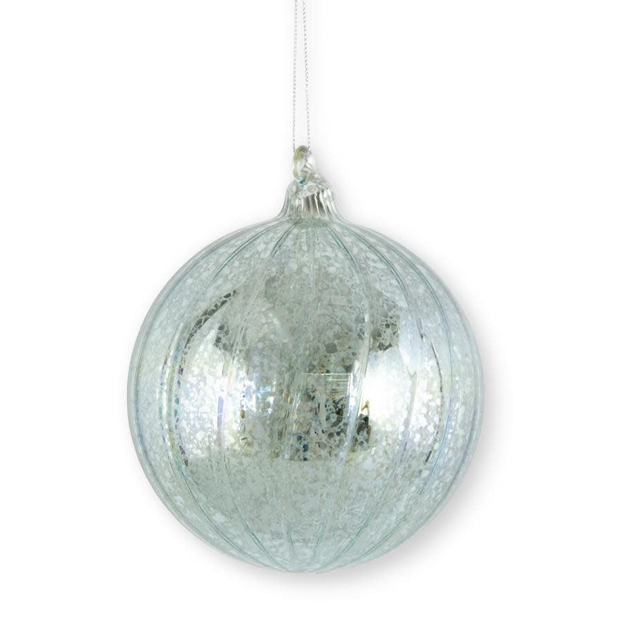 Round light blue ribbed mercury glass decorative mirror with a smooth circular silhouette.