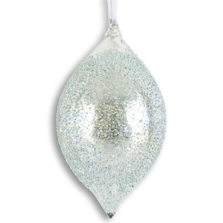 8.5-inch light blue textured mercury glass teardrop ornament with a reflective finish.