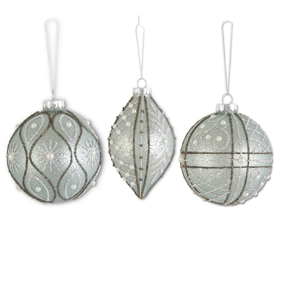 Oval glitter light blue mercury glass ornament with pearl accents