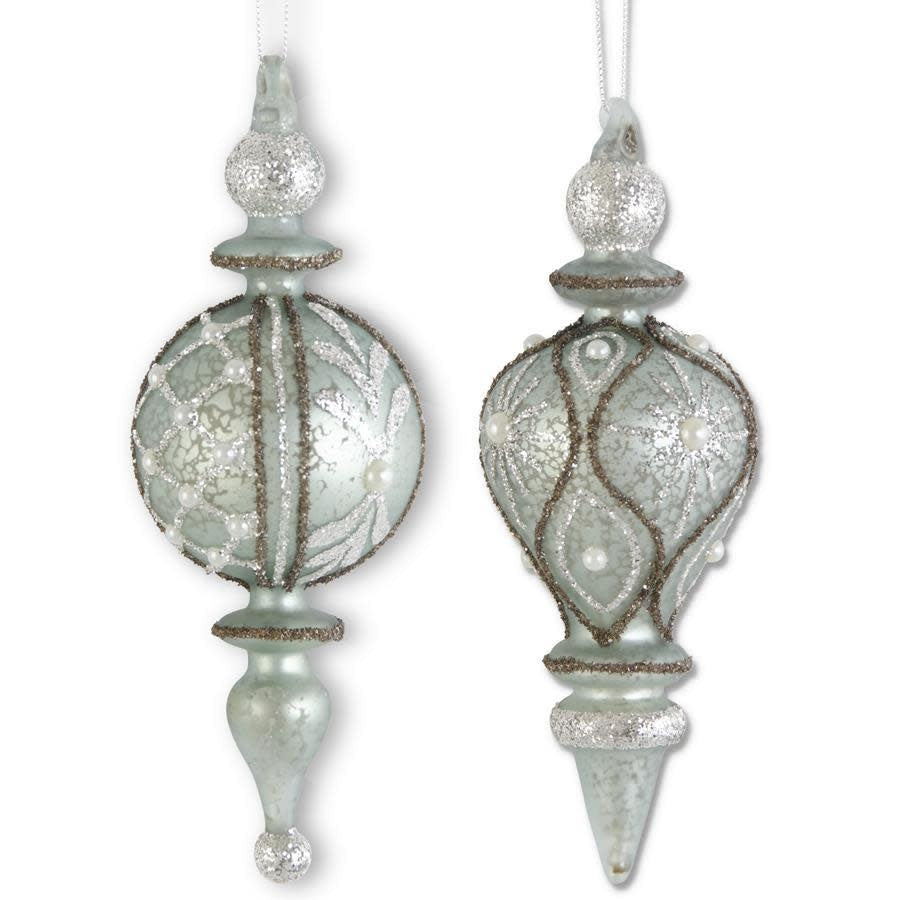 Glittered light blue mercury glass finial ornament with pear round center pattern