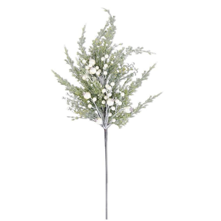 30-inch snowy cypress pine spray with white pearl accents made of foam and plastic.
