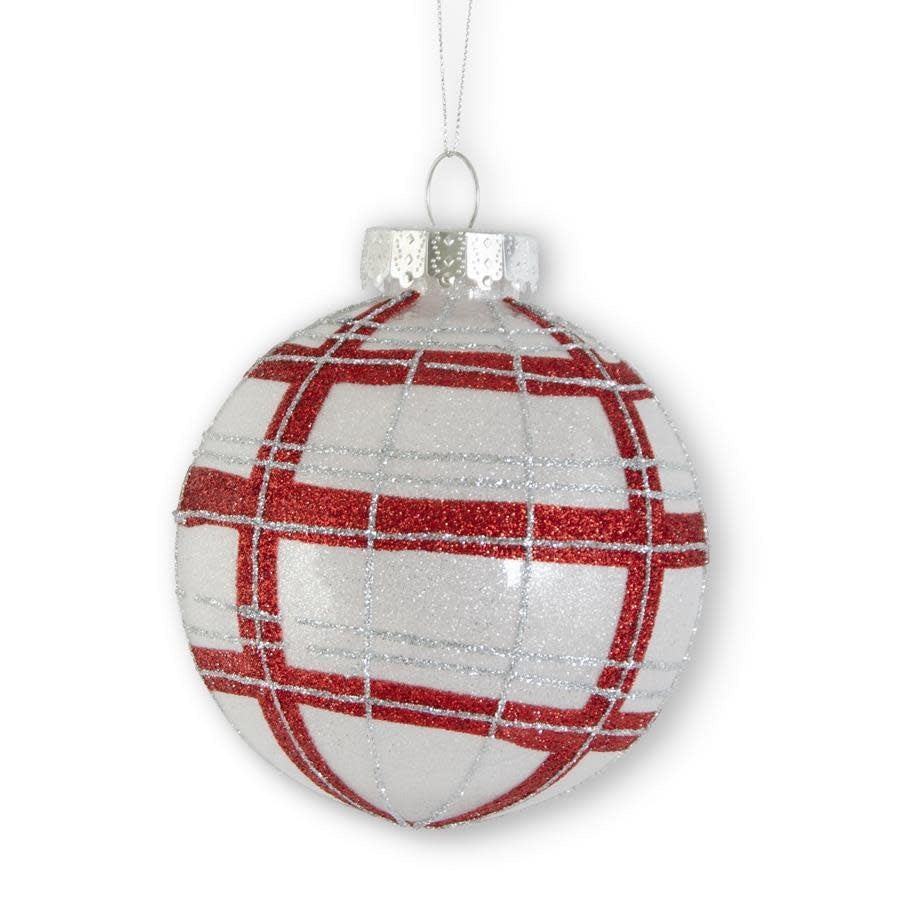 Five-inch shatterproof plastic ornament with red and silver plaid pattern covered in glitter.