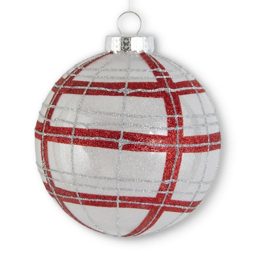 Six-inch red plastic ornament with silver glitter plaid pattern