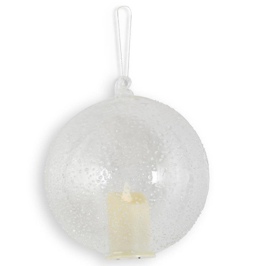 5.75 Inch Textured Clear Glass Led Flicker Round Ornament With Timer