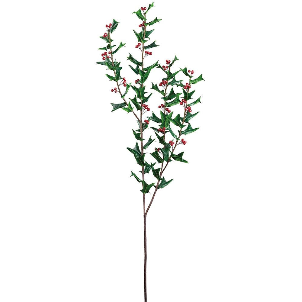 Green plastic holly spray with red berries on wire stems