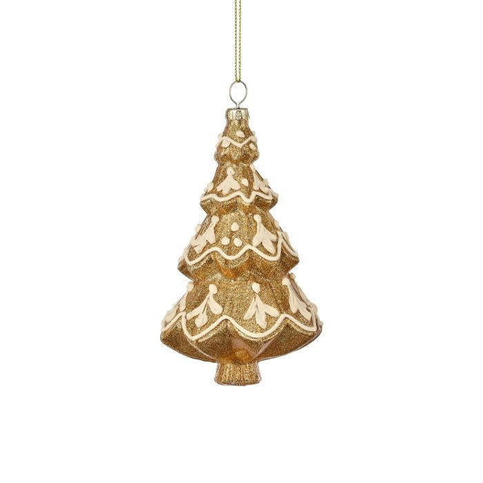 Glass gingerbread cookie tree ornament with stacked shape, frosted icing details, candy accents, and glossy finish.