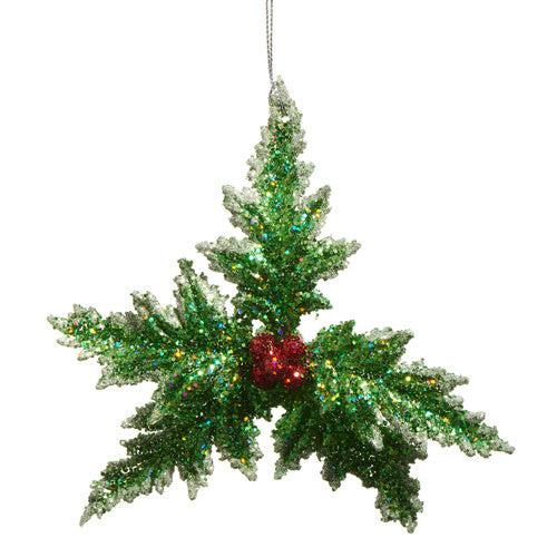 Green plastic holly ornament with glittered leaves measuring 5.5 inches tall.