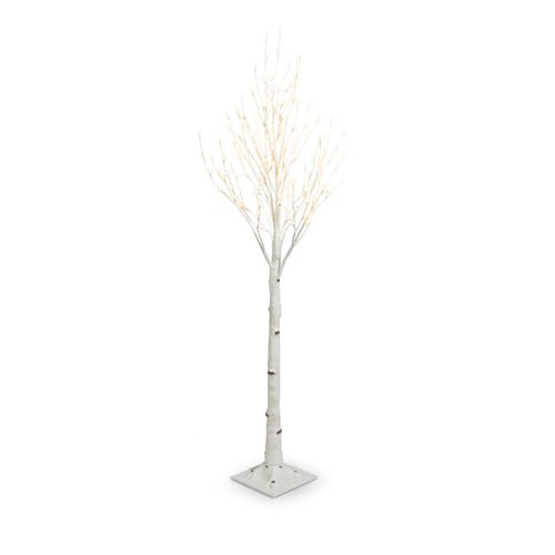 White plastic birch tree with warm white LED lights on a stand