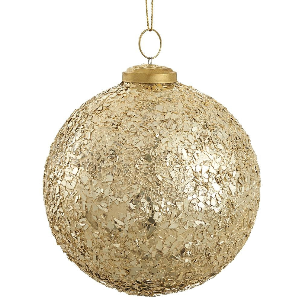 Gold mosaic glass ball ornament with a spherical shape.