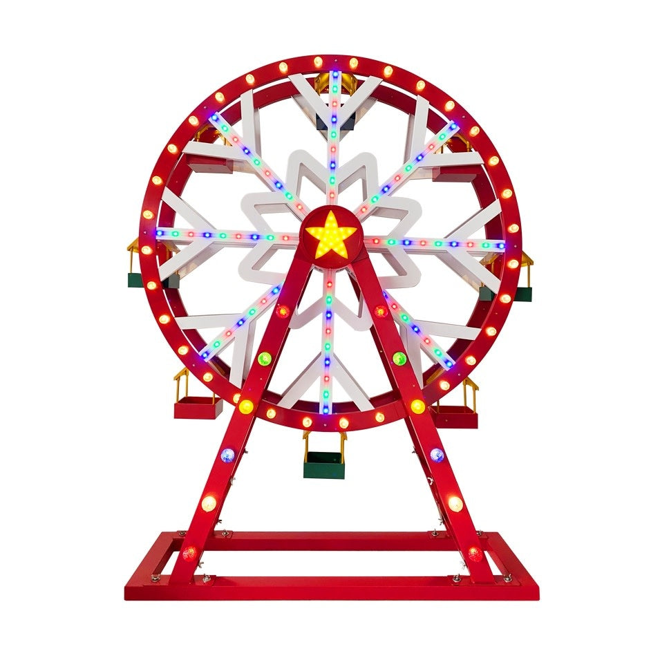 Animated outdoor Ferris wheel with spinning motion, red green blue warm white LED lights and vintage carnival design.