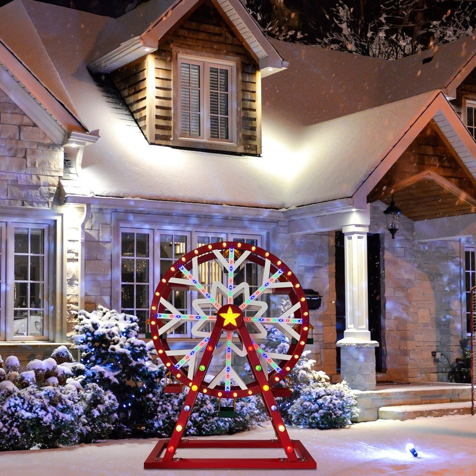 Animated outdoor Ferris wheel with spinning motion, vintage Christmas colors, red green blue warm white LED lights.