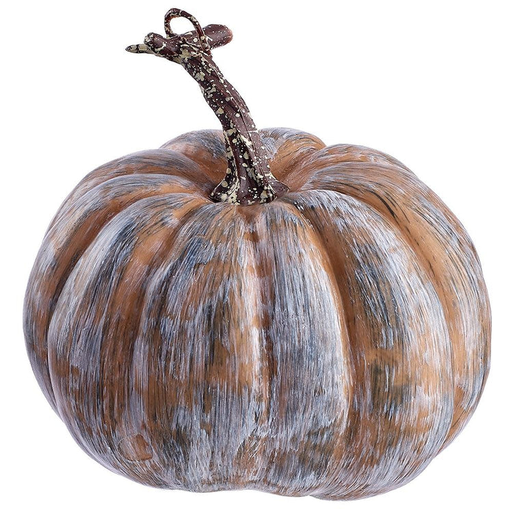 Artificial tan pumpkin with green stem made of plastic and styrofoam.