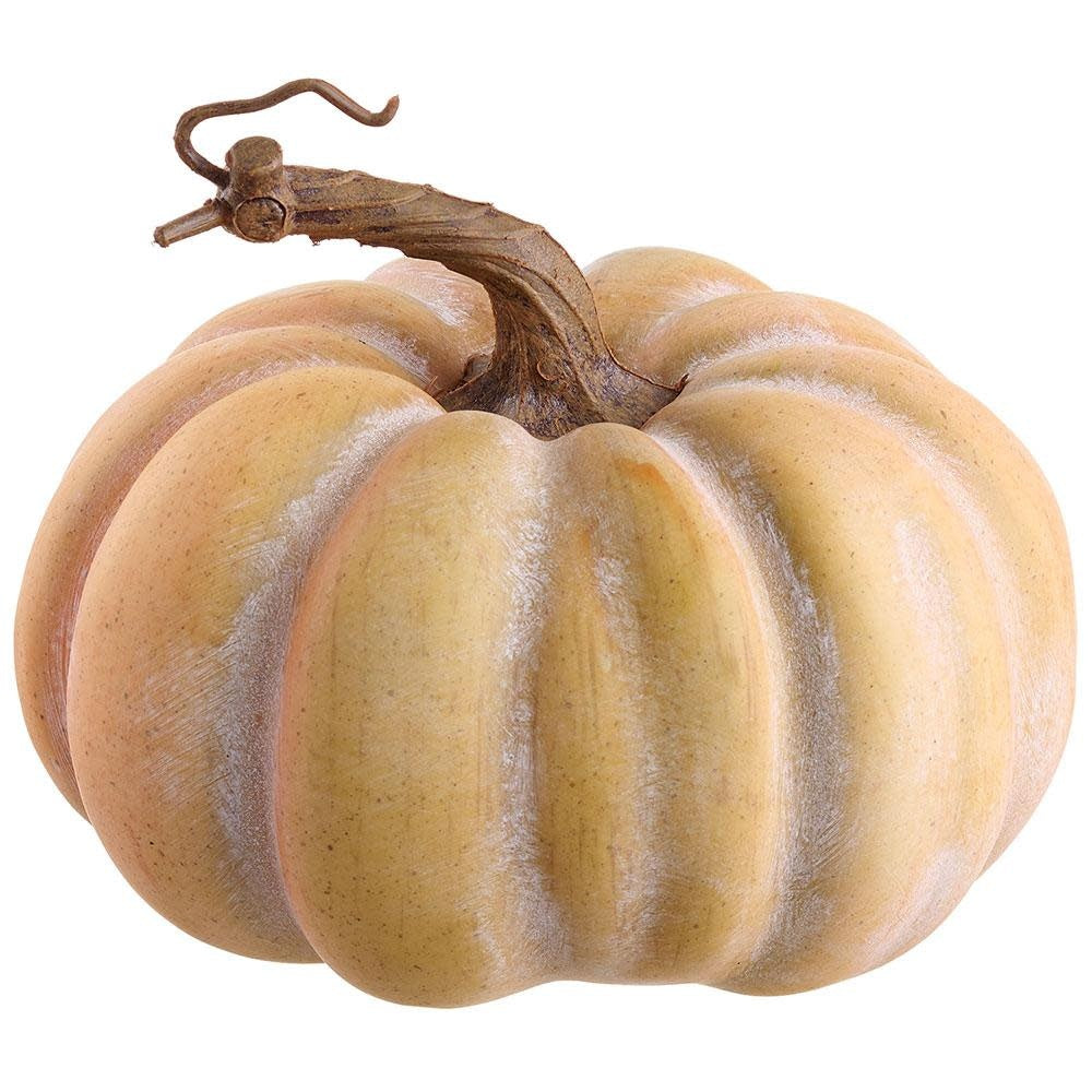 Five-point inch orange and green pumpkin made of styrofoam with plastic accents.
