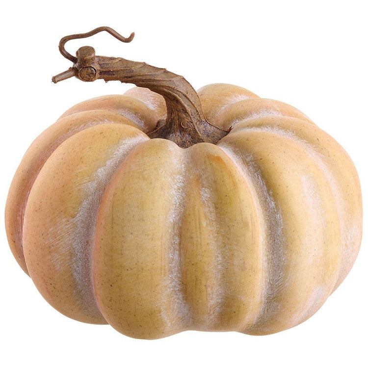 Five-point inch orange and green pumpkin made of styrofoam with plastic accents.