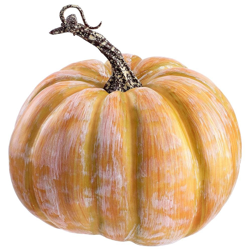 Artificial orange pumpkin made of plastic and styrofoam with a realistic silhouette.