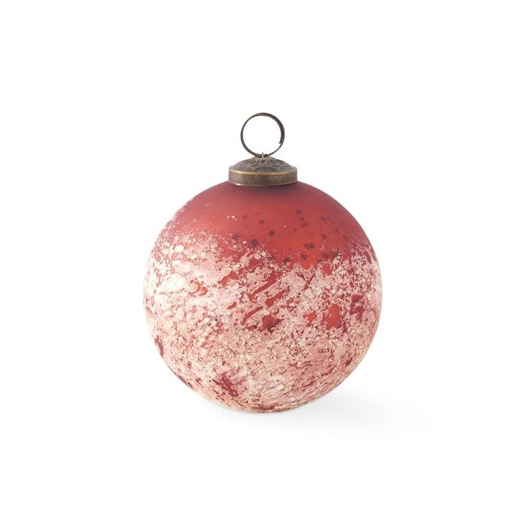 4-inch red and white speckled glass ornament with a brass cap and hanging loop.