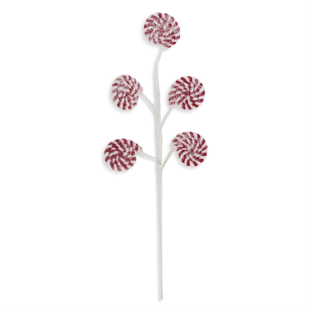 Red and white flocked lollipop spray with glitter accents on a festive party table