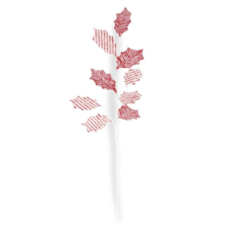 30-inch holly leaf stem with red and white glittered fabric leaves on a white branch.