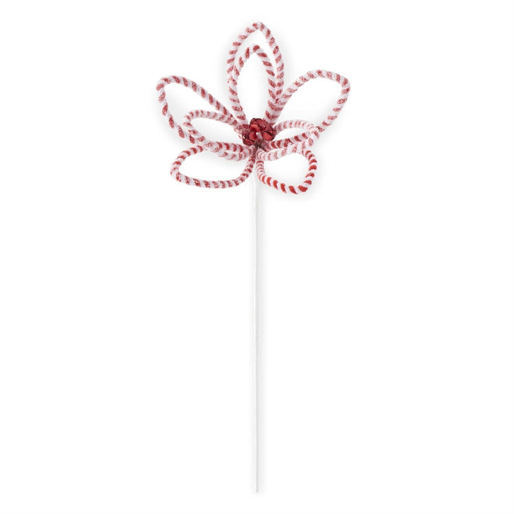 Artificial poinsettia stem with snowy red and white stripes, glitter finish, wire support, bell accent