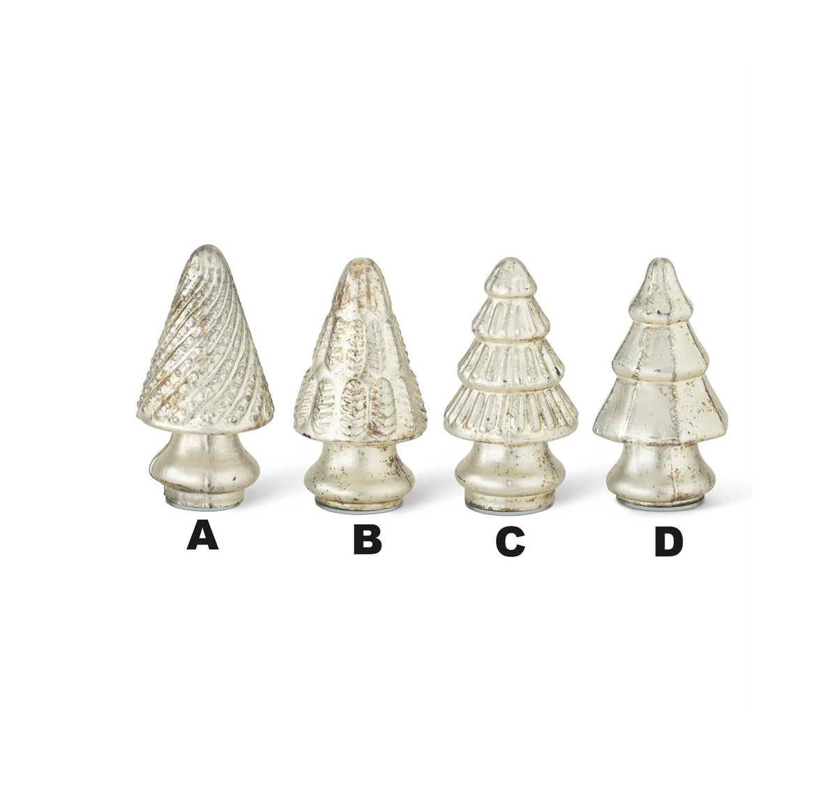 Mini mercury glass Christmas tree with a silver reflective finish.