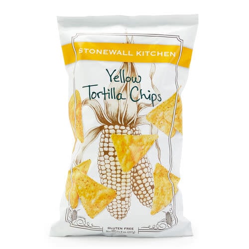 Bag of golden yellow stoneground tortilla chips with sea salt seasoning