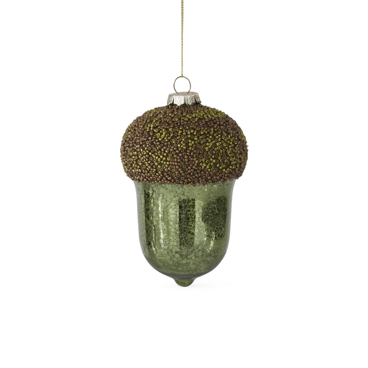 Green mercury glass acorn ornament with a reflective finish