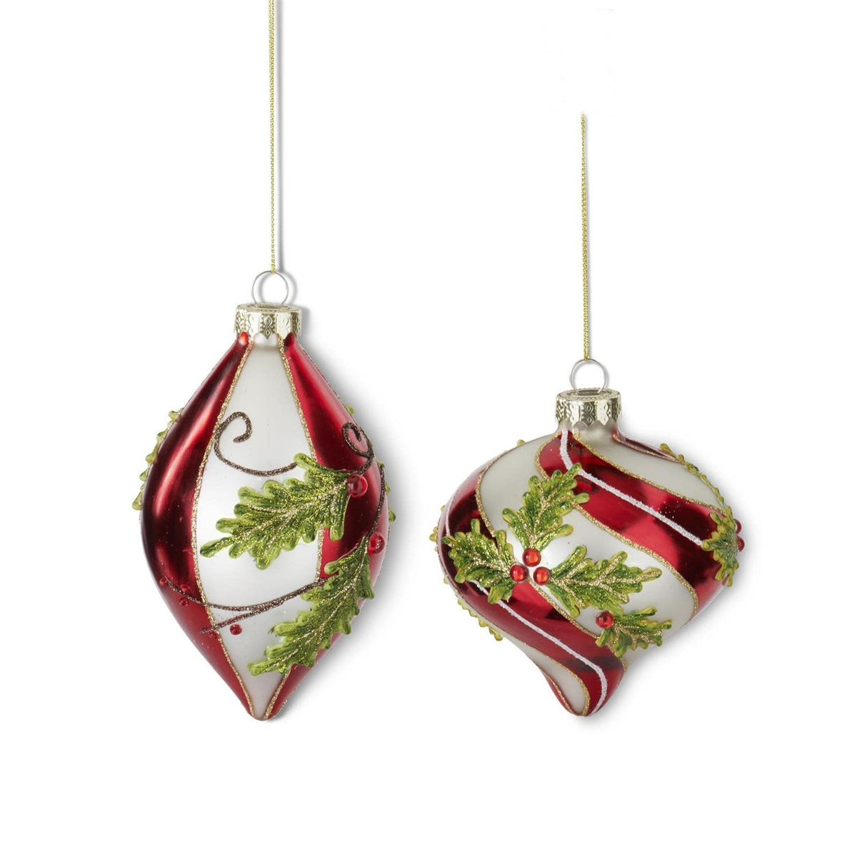 Glass teardrop ornament with vertical red and white stripes.