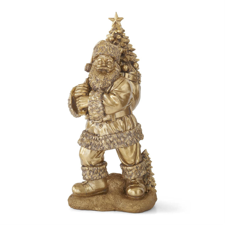 Twenty-three inch antique gold polyresin Santa figurine with traditional red suit silhouette.