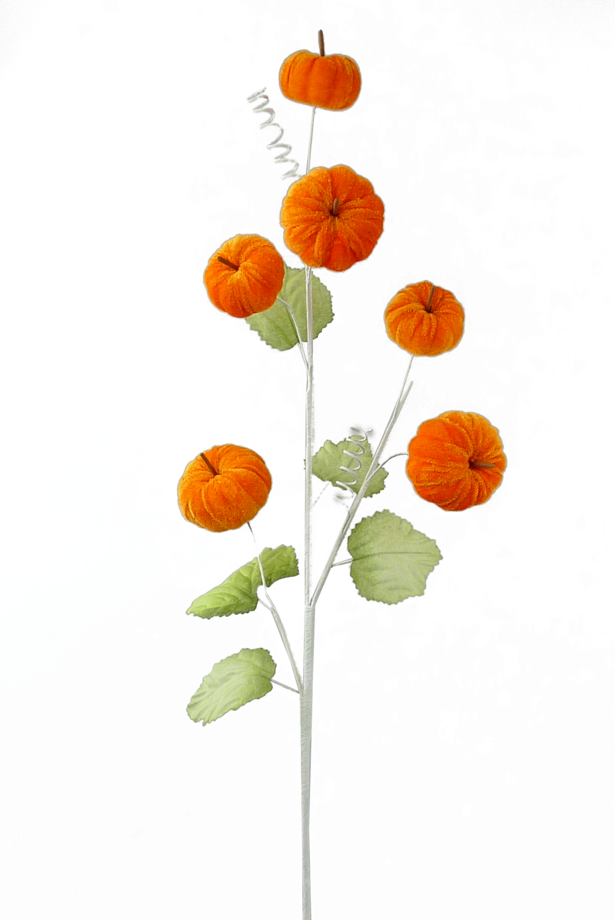 28-inch decorative spray featuring six orange velvet pumpkins and green fabric leaves.