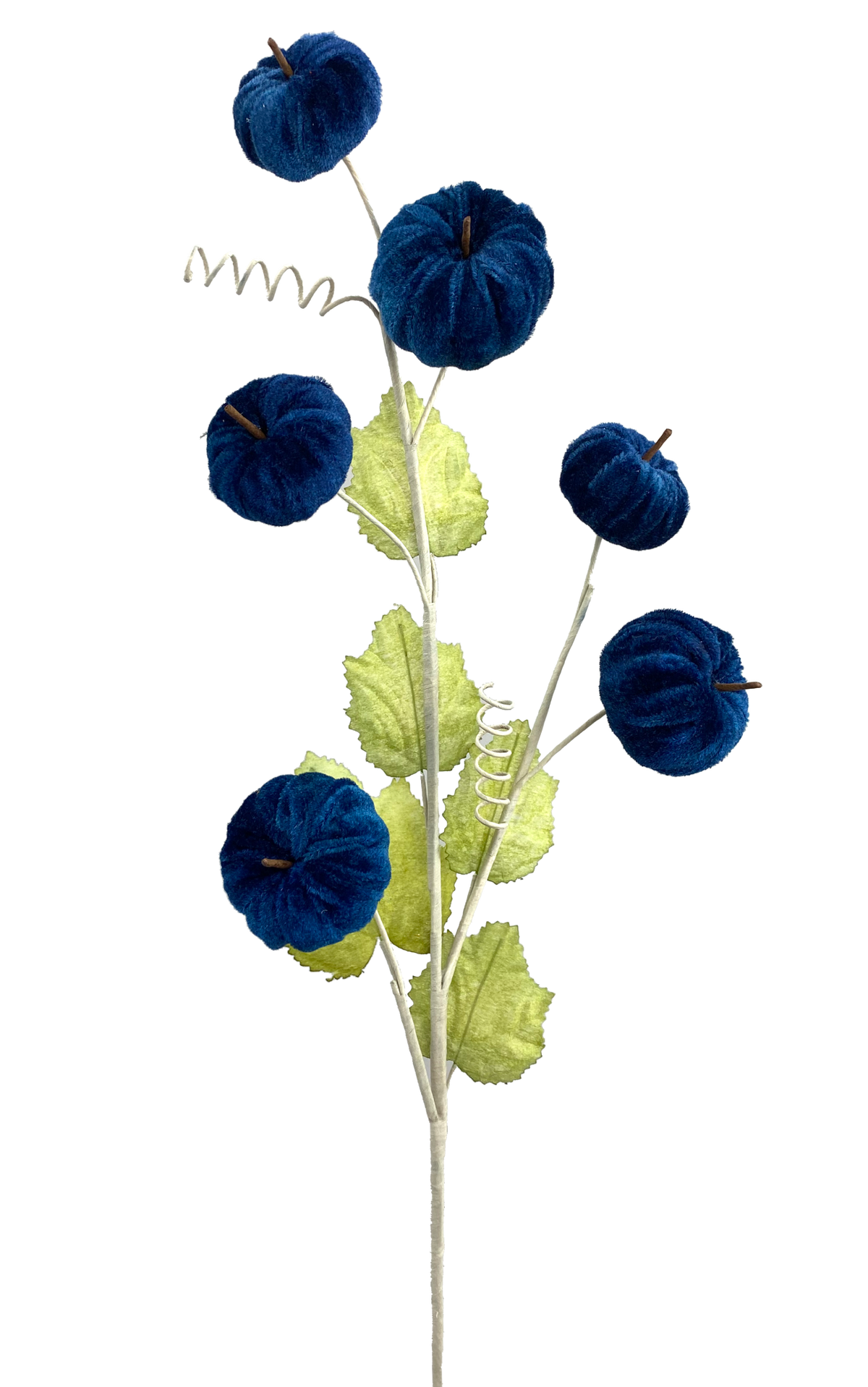 28-inch decorative spray featuring six dark blue velvet pumpkins and light green fabric leaves.