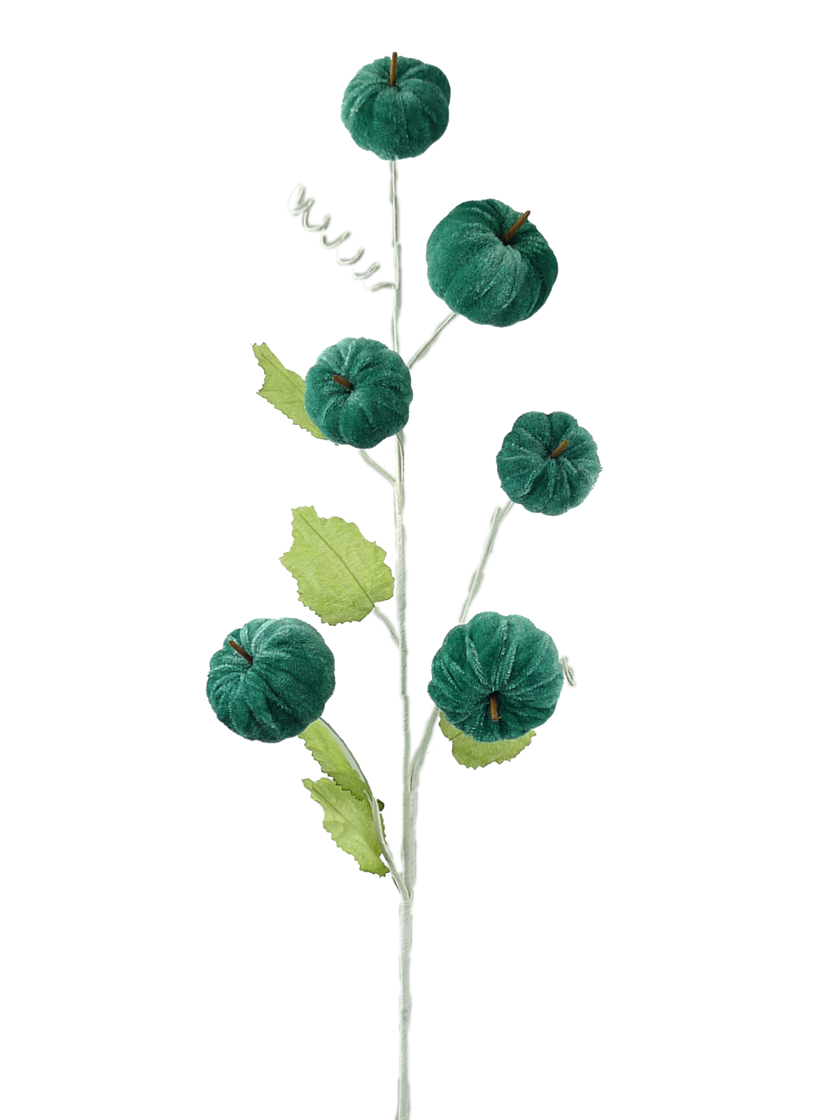 28-inch decorative spray featuring six teal velvet pumpkins and green fabric leaves on a stem.