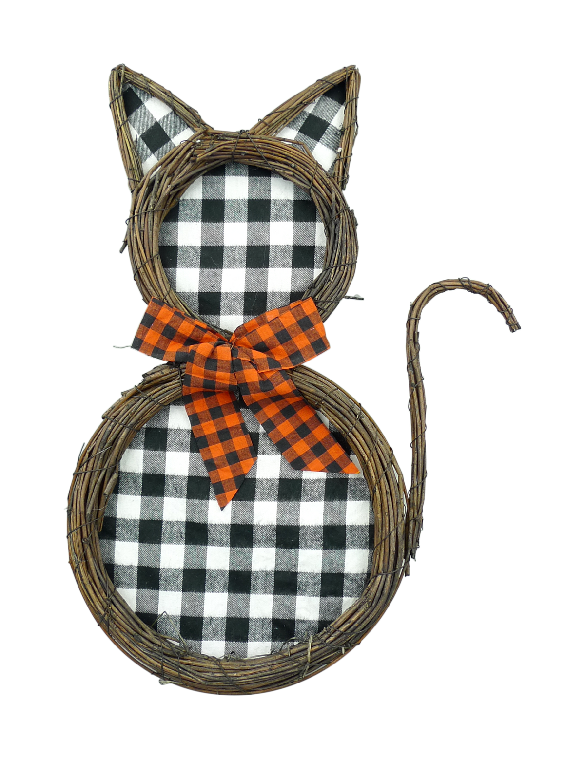 Plaid Cat Form wall decor featuring a detailed plaid pattern in black and white with an arched silhouette.